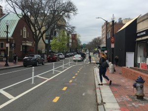 Bike and pedestrian traffic on Brattle Street near Harvard Square in May 2019.