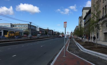 The under-construction protected bike lane on Commonwealth Avenue, photographed on May 8, 2019.