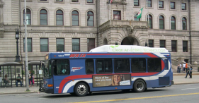 A WRTA bus in front of City Hall in downtown Worcester. Courtesy of WRTA.