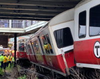 A derailed Red Line car blocks the tracks at the JFK/UMass station on June 11, 2019. Photo courtesy of the Boston Fire Department.