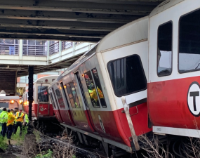A derailed Red Line car blocks the tracks at the JFK/UMass station on June 11, 2019. Photo courtesy of the Boston Fire Department.