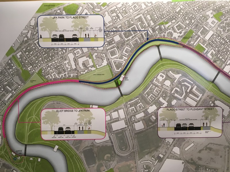 A presentation board showing the Department of Conservation and Recreation's conceptual cross-sections for Memorial Drive in Cambridge, photographed at a public meeting held on June 25, 2019.