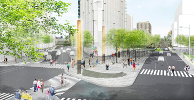 An architects' rendering of the hotel and public plaza being proposed for the western edge of Kenmore Square. Rendering by Reed Hilderbrand Landscape Architects, courtesy of BPDA.