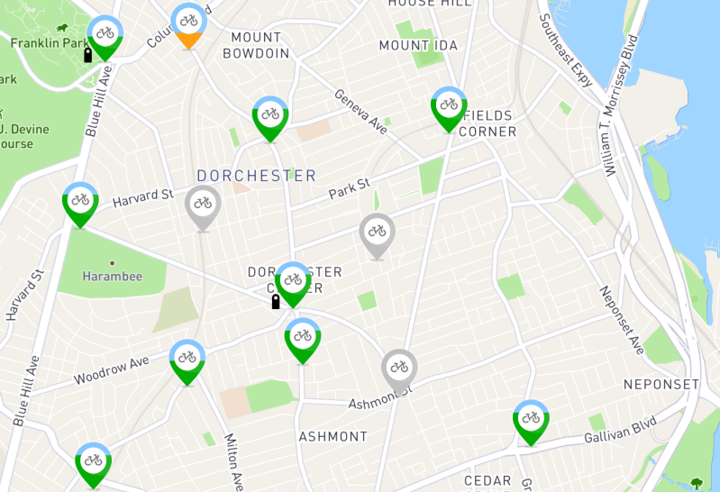 A map of Blue Bikes stations in Dorchester as of June 13 illustrates the long-delayed dock locations, in gray, proposed for T stops on the Red and Fairmount lines. Source: Bluebikes.com