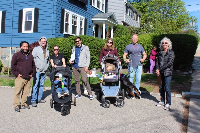 A group photograph of West Roxbury neighbors setting out on a safety audit of Centre Street on May 11, 2019. Courtesy of West Roxbury Walks.