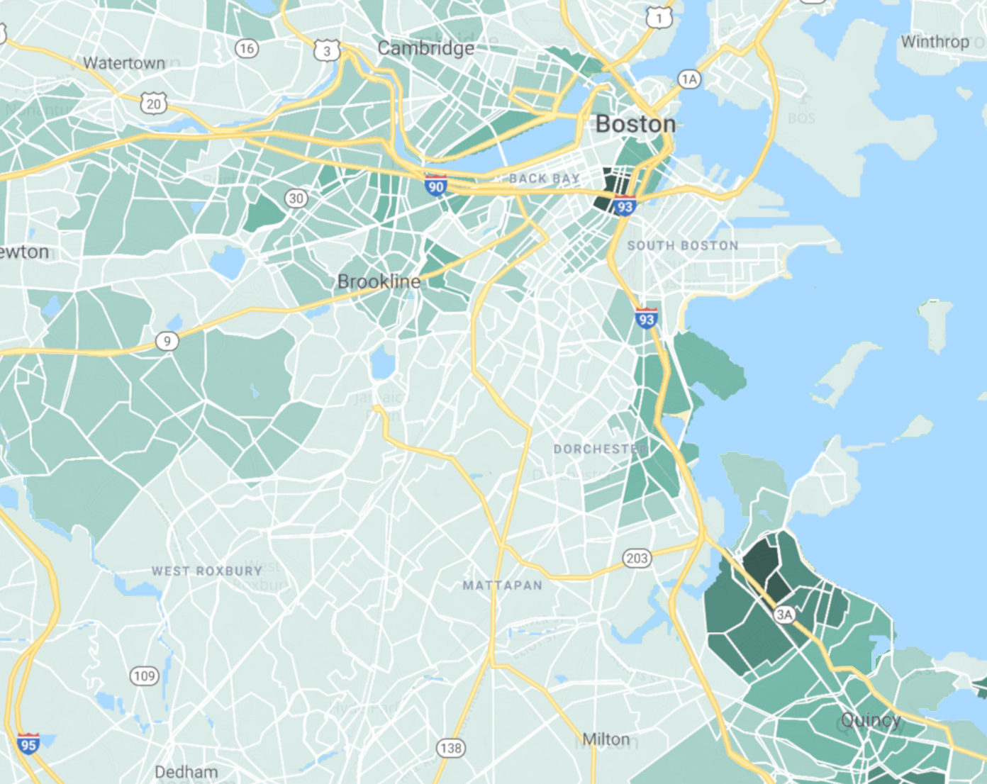 A map of the U.S. Census Bureau's estimated population density of Asian residents in the Boston area, courtesy of CensusReporter.org.