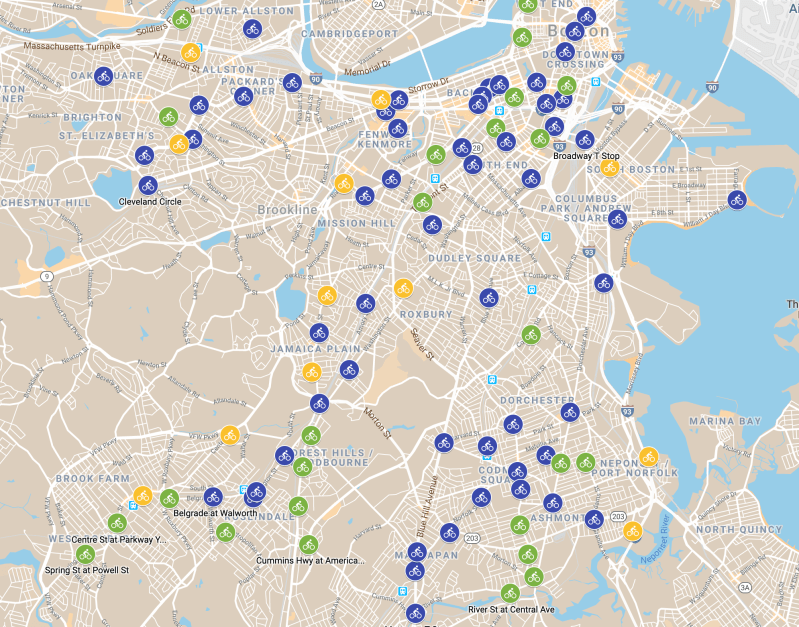A map of recently installed stations (in blue), pending (yellow) and planned (in green) Bluebikes stations in the city of Boston as of July 2019. Courtesy of the Boston Transportation Department.