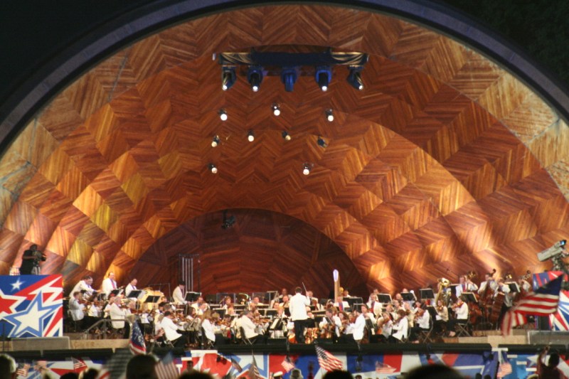 The Boston Pops Esplanade Orchestra performing at the Hatch Shell in Boston in 2005. Photo by Garrett A. Wollman, licensed under Creative Commons (CC BY-SA 2.0).