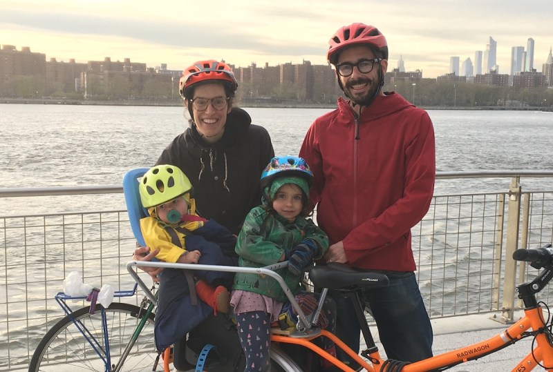 StreetsblogMASS editor Christian MilNeil (right) with his family during a visit to Streetsblog world headquarters in Brooklyn in April 2019.