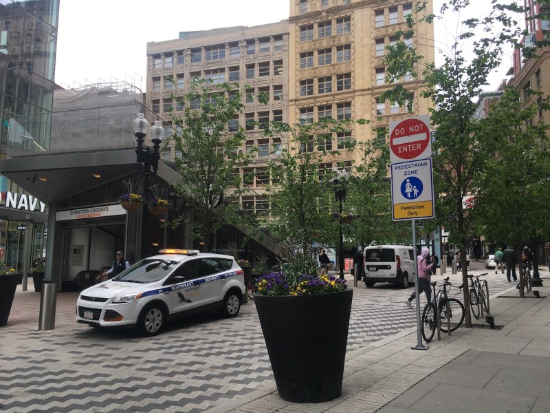 The pedestrianized section of Franklin Street next to the Downtown Crossing station entrance pictured on May 29, 2019.