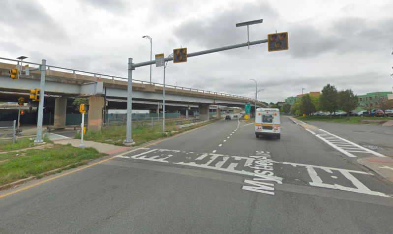 The Mystic Avenue crosswalk at the Kensington pedestrian underpass in East Somerville.