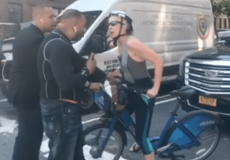 Two large men physically intimidated a woman on a Citi Bike and prevented her from leaving because they said she scratched their car.