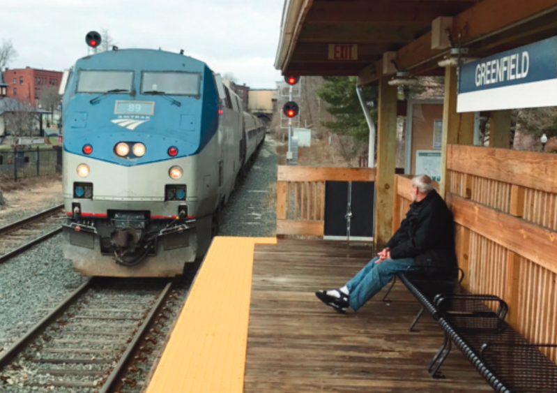An Amtrak Vermonter train arrives at the John W. Olver Transit Center in Greenfield, MA. Courtesy of the Franklin Regional Council of Governments.