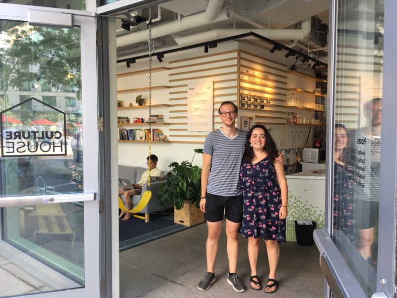 Aaron Grenier (left) and Allie Girouard, two of the founders of CultureHouse, which is operating a pop-up "living room" this summer at 500 Kendall Street in Cambridge.