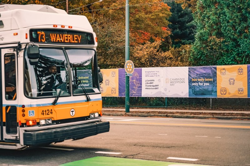 An MBTA Route 73 bus travels along Mount Auburn Street in Cambridge during the "pilot" phase of bus priority measures in fall 2018. Photo courtesy of Ad Hoc Industries via BostonBRT.