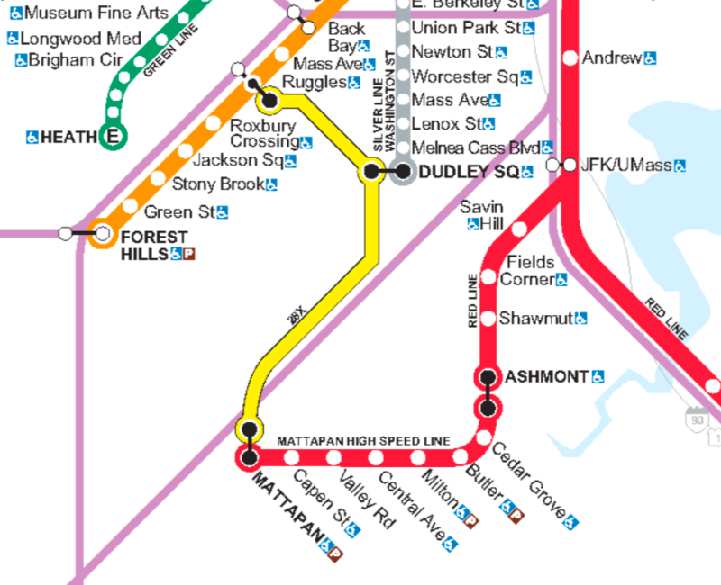 An aspirational T map from the state's 2009 federal stimulus grant application shows the route of the proposed 28X bus rapid transit line, which would have run in a dedicated transitway along Blue Hill Avenue and new bus-only lanes on Warren Street.