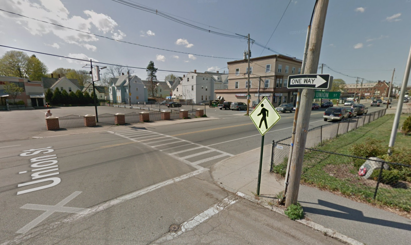 A crosswalk near 851 Maim Street in Brockton, where a Brockton Police officer allegedly struck and killed a pedestrian on Friday night. Image courtesy of Google Street View.