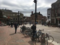 Brattle Street in Harvard Square next to the Out of Town News kiosk, shown in a May 2019 file photograph.
