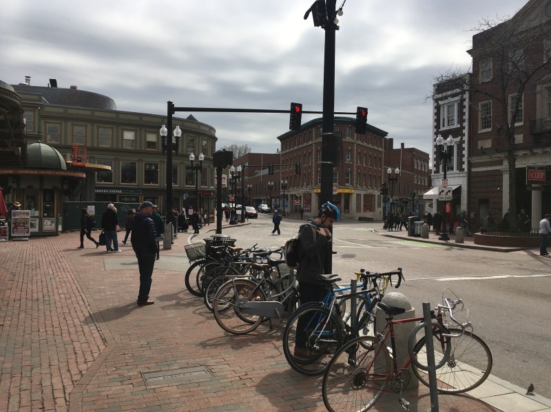 Brattle Street in Harvard Square next to the Out of Town News kiosk, shown in a May 2019 file photograph.