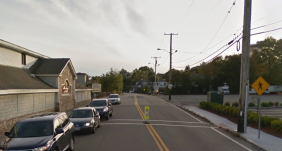 A motorist struck and killed a pedestrian in this crosswalk on Bridge Street in Dedham early on the morning of Sept. 22, 2019, according to Dedham Police reports. Image courtesy of Google Maps.