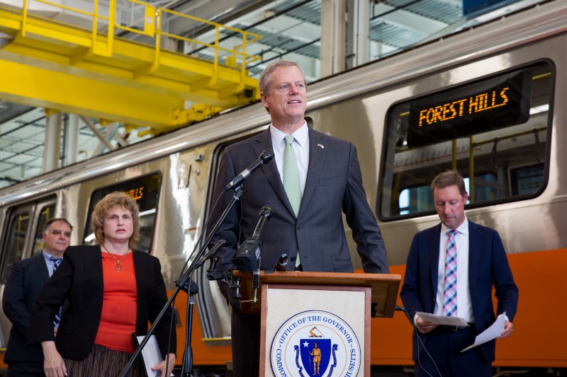 Governor Baker, MassDOT Secretary Stephanie Pollack, and MBTA General Manager Steve Poftak celebrated the new Orange Line train at Wellington Station on August 14, 2019. Photo by Joshua Qualls, courtesy of the Governor's Press Office.