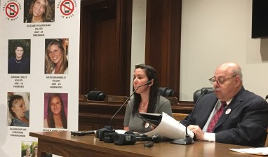 Jillian Kaplan (left), a survivor of a crash involving a cellphone-distracted driver, and Jerry Cibley, whose son died after dropping his cellphone while driving, were among the speakers advocating for quick passage of the "hands-free" bill at the State House on Thursday, Sept. 26, 2019.