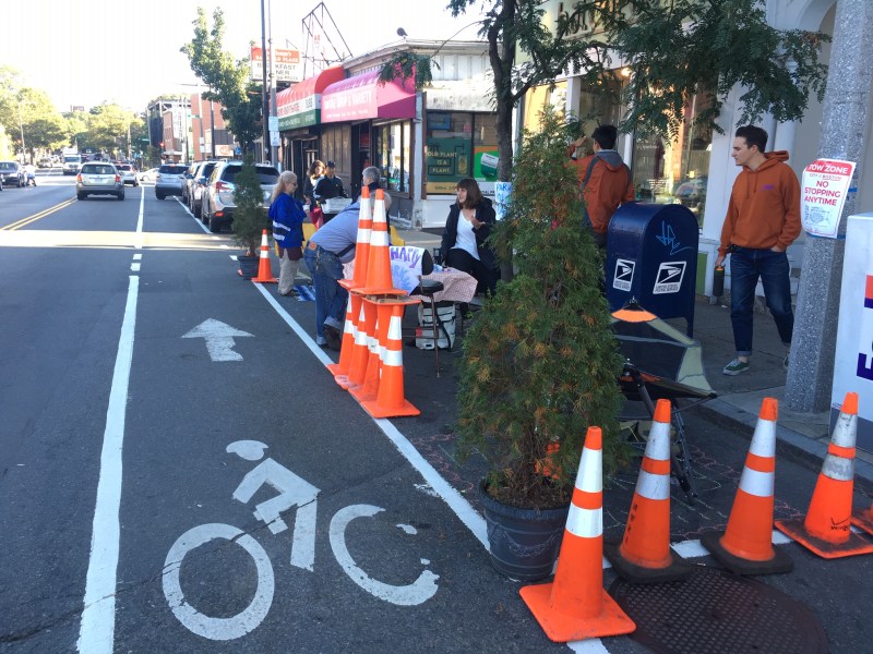The Boston Cyclists Union sponsored a pop-up park along the Centre Street bike route in Jamaica Plain for Park(ing) Day 2019.