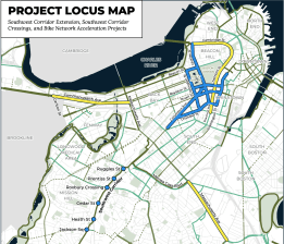 The City of Boston is soliciting outside consultants to help conduct public outreach and design work for safer streets on several corridors radiating south and west from downtown Boston, illustrated in this map of projects included in a July 2019 "request for proposals" document. Courtesy of the City of Boston.