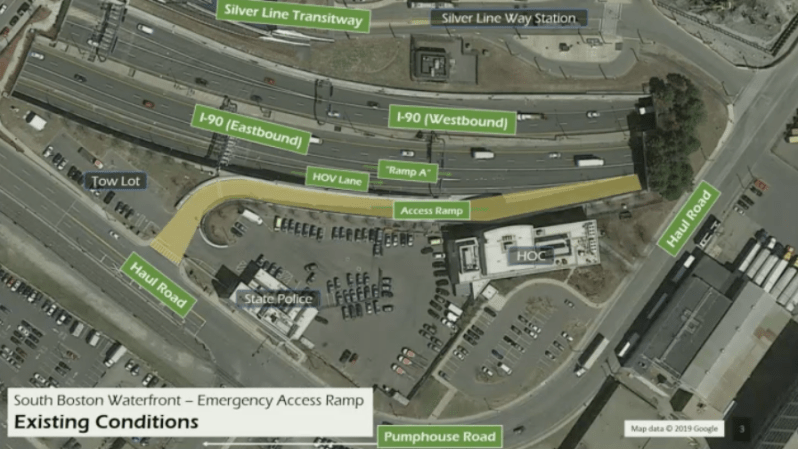 Use of the "emergency access ramp" illustrated above eliminates the need for outbound Silver Line buses to drive an extra half a mile through congested Seaport streets to get to the Ted Williams Tunnel. Courtesy of the MBTA.