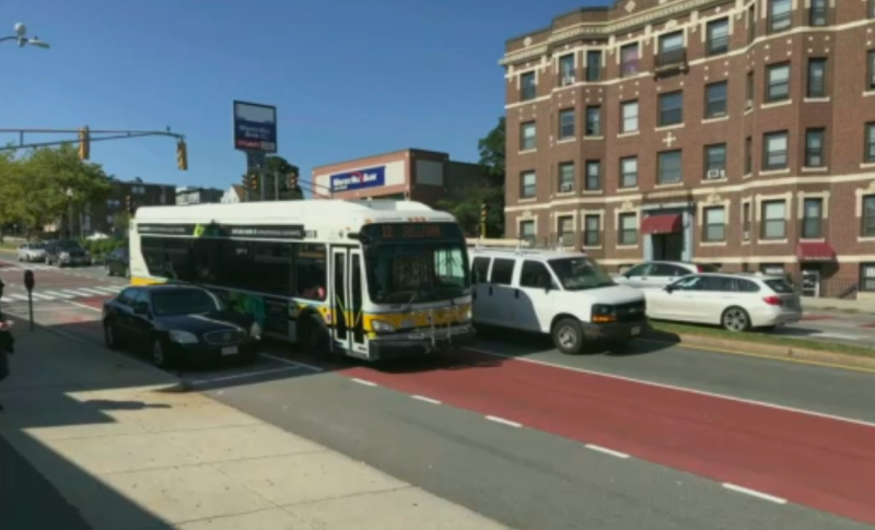 New bus lanes and transit-priority traffic signals were installed this summer on Broadway in Somerville. Courtesy of the City of Somerville.