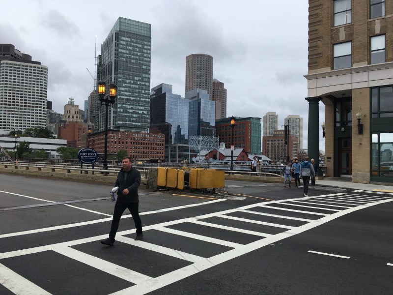 The crosswalk on Summer Street at the Melcher Street intersection, where a driver hit two pedestrians, killing one, on the evening of Sept. 11, 2019.