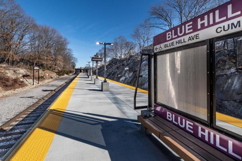 The Blue Hill Avenue Fairmount Line stop, pictured in spring 2019. Courtesy of the MBTA.