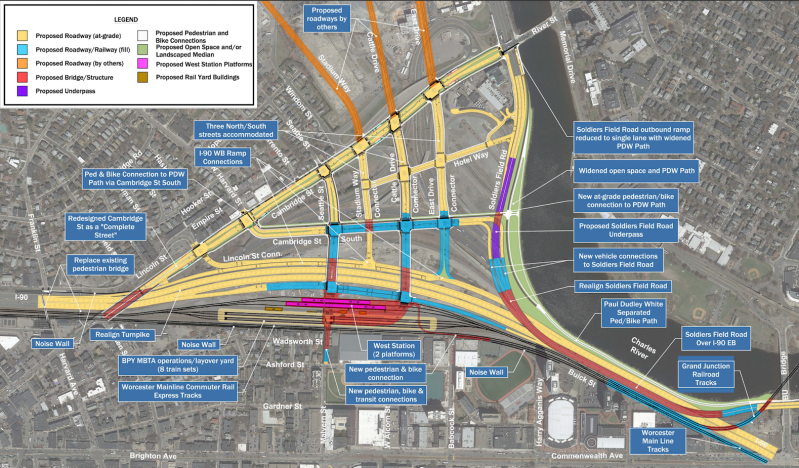 A plan view of the "Allston Multimodal Project" showing the project's major elements, including West Station, a realigned Massachusetts Turnpike and a new Paul Dudley White waterfront path. Courtesy of MassDOT.