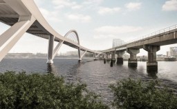 A rendering of a proposed Mystic River bike and pedestrian bridge, which could connect the Northern Strand multi-use path in the City of Everett to the Assembly Orange Line Station in Somerville. Rendering by AECOM, courtesy of the Massachusetts Department of Conservation and Recreation.