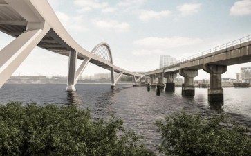 A rendering of a proposed Mystic River bike and pedestrian bridge, which could connect the Northern Strand multi-use path in the City of Everett to the Assembly Orange Line Station in Somerville. Rendering by AECOM, courtesy of the Massachusetts Department of Conservation and Recreation.