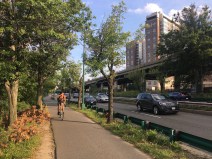 A bicyclist rides along the Paul Dudley White Path along Soldiers Field Road and the Massachusetts Turnpike viaduct on Sept. 11, 2019.
