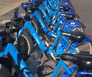 Bluebikes docked at South Station in downtown Boston.