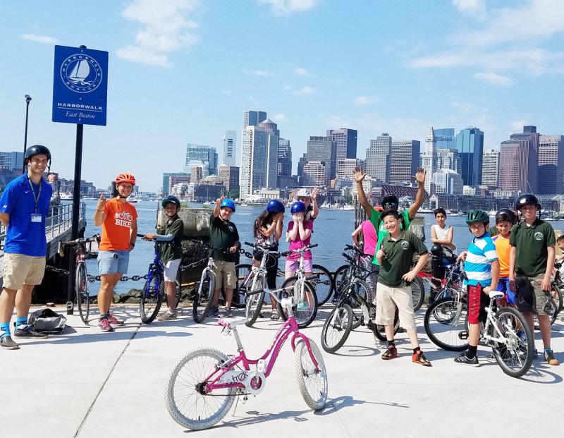 Boston public school students in the city's Youth Cycling Program visit the East Boston Harborwalk in June 2017. Courtesy of the City of Boston.