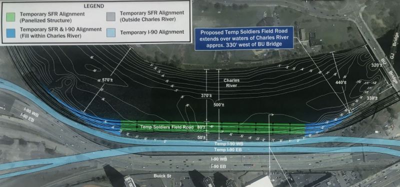 A MassDOT sketch of a proposed mid-river highway installation that would carry Soldiers Field Road and the Paul Dudley White bike path for the decade-long reconstruction of the Massachusetts Turnpike through Allston. Courtesy of MassDOT.