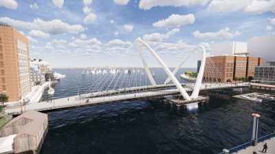 The "double arch" concept, one of three conceptual designs for the new Northern Avenue Bridge. Courtesy of AECOM.