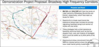 A slide from a Monday, Dec. 10, 2019 MBTA board meeting illustrates a "demonstration project" proposal to increase bus service on two bus priority corridors in Somerville and Everett. Service improvements like this one face an uncertain future under a new budget proposal that would freeze hiring for bus and rail initiatives in 2021.
