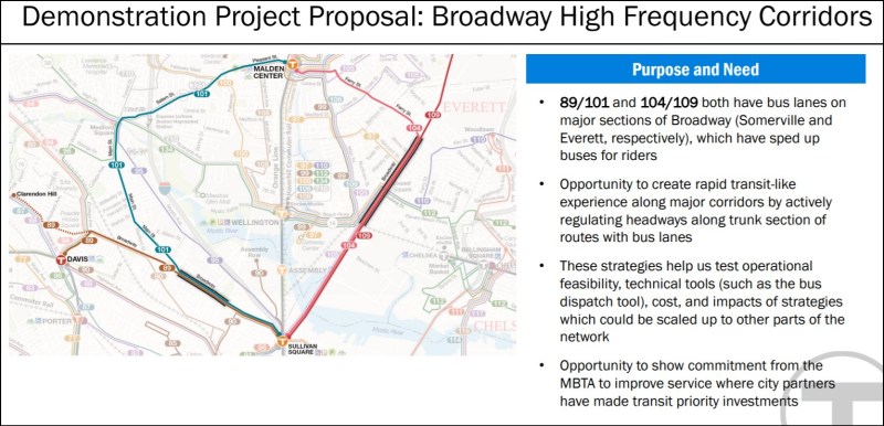 A slide from a Monday, Dec. 10, 2019 MBTA board meeting illustrates a "demonstration project" proposal to increase bus service on two bus priority corridors in Somerville and Everett. Service improvements like this one face an uncertain future under a new budget proposal that would freeze hiring for bus and rail initiatives in 2021.