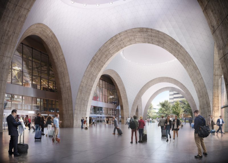 The base of a proposed new skyscraper above South Station would sit atop a foundation of arches suspended over the station's commuter rail platform. Architectural rendering courtesy of the MBTA.