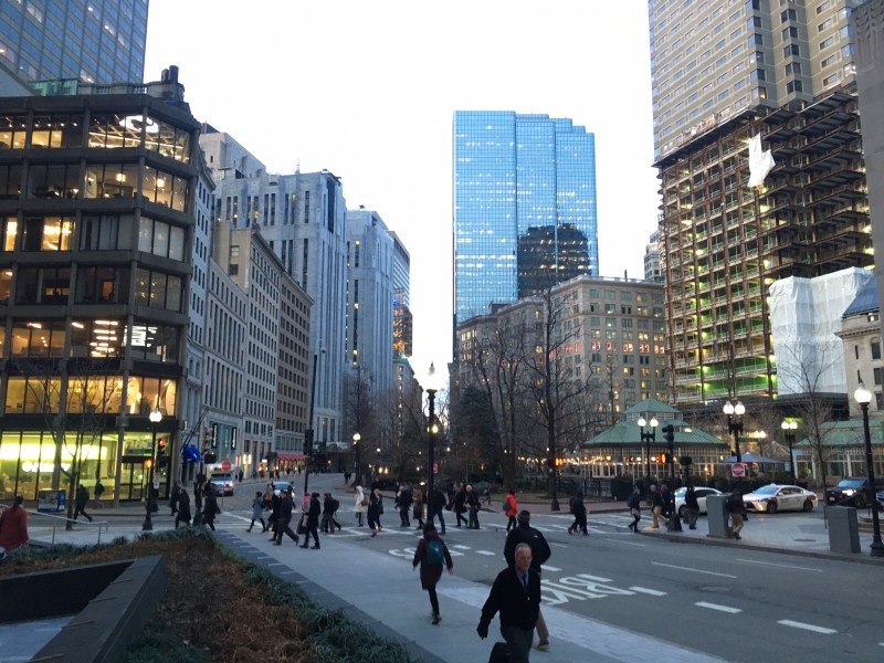 Congress Street in downtown Boston at the start of the evening rush hour on February 5, 2020.