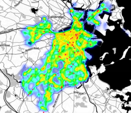 A heat map of harsh braking incidents recorded by the City of Boston's "Safest Driver" app in 2019.  Courtesy of the City of Boston.