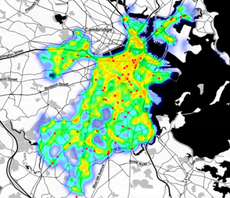 A heat map of harsh braking incidents recorded by the City of Boston's "Safest Driver" app in 2019. Courtesy of the City of Boston.