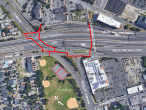 A map of current pedestrian routes (highlighted in red) through the junction of  McGrath Highway and Mystic Ave. in Somerville, the city's most dangerous intersection for crashes.
