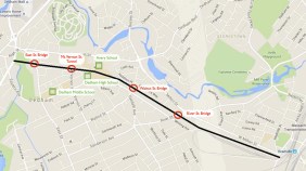 The proposed greenway would link downtown Dedham (left) to the Readville commuter rail station in Boston. A short segment of the trail within the boundaries of the City of Boston has already been built. Courtesy of the Friends of the Dedham Heritage Rail Trail.