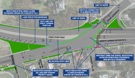 A "short-term" safety improvement plan dated from May 2018 shows proposed traffic-calming elements for the junction of Mount Auburn Street and Fresh Pond Parkway in Cambridge. Source: Mount Auburn Street Corridor Study.