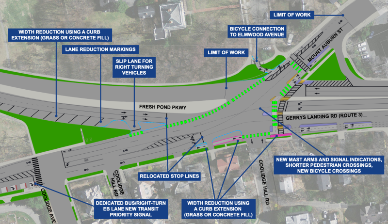 A "short-term" safety improvement plan dated from May 2018 shows proposed traffic-calming elements for the junction of Mount Auburn Street and Fresh Pond Parkway in Cambridge. Source: Mount Auburn Street Corridor Study.